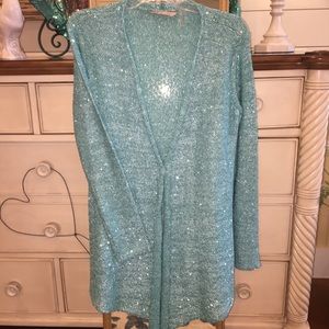 Sequin teal/aqua sparkly open-front drape sweater